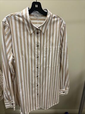 Lafayette 148 New York Cream and Tan Striped Button-Down Shirt